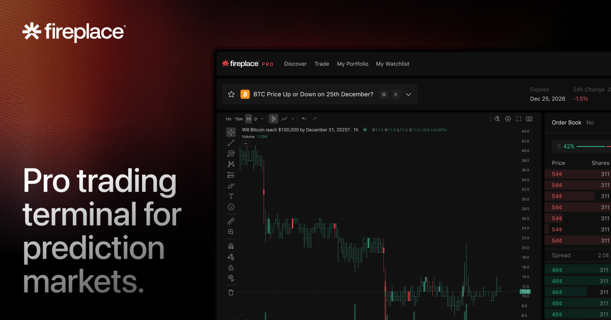 Fireplace social news app showing Polymarket prediction markets embedded in a news feed