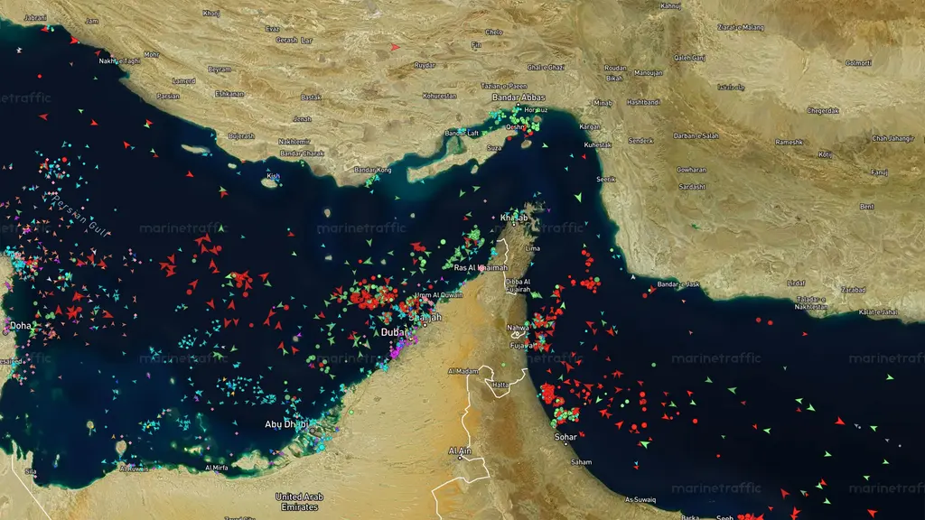 Strait of Hormuz, May 2026 - vessels and aircraft tracked in real time.
