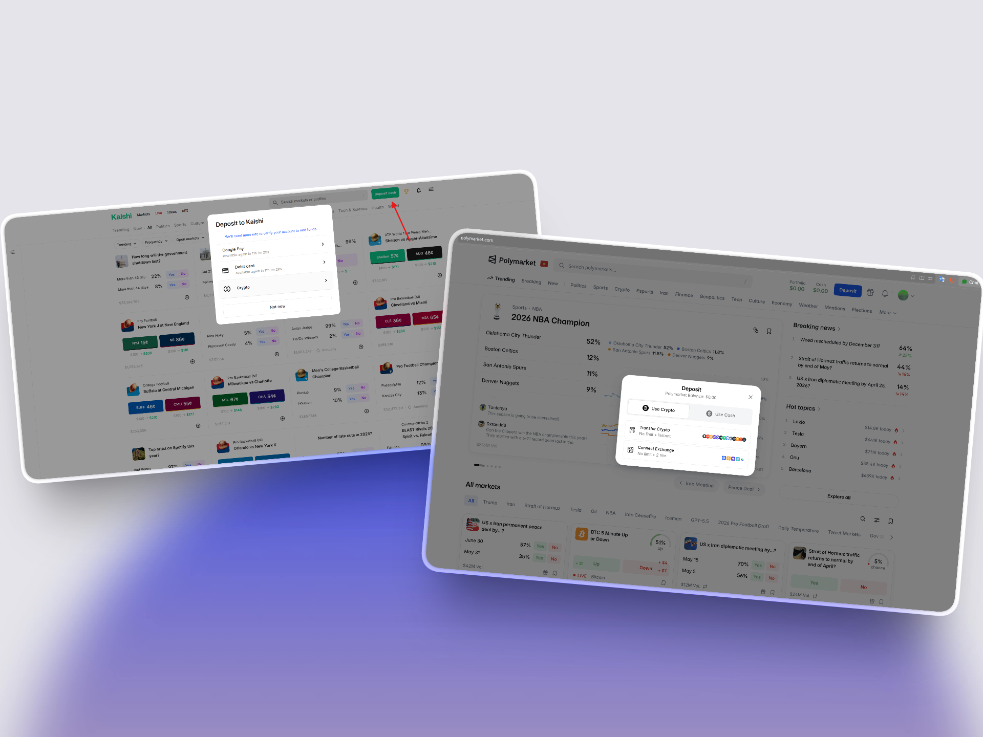 Kalshi mobile app deposit screen with debit card and ACH options` / `Polymarket wallet funding screen requiring USDC on Polygon