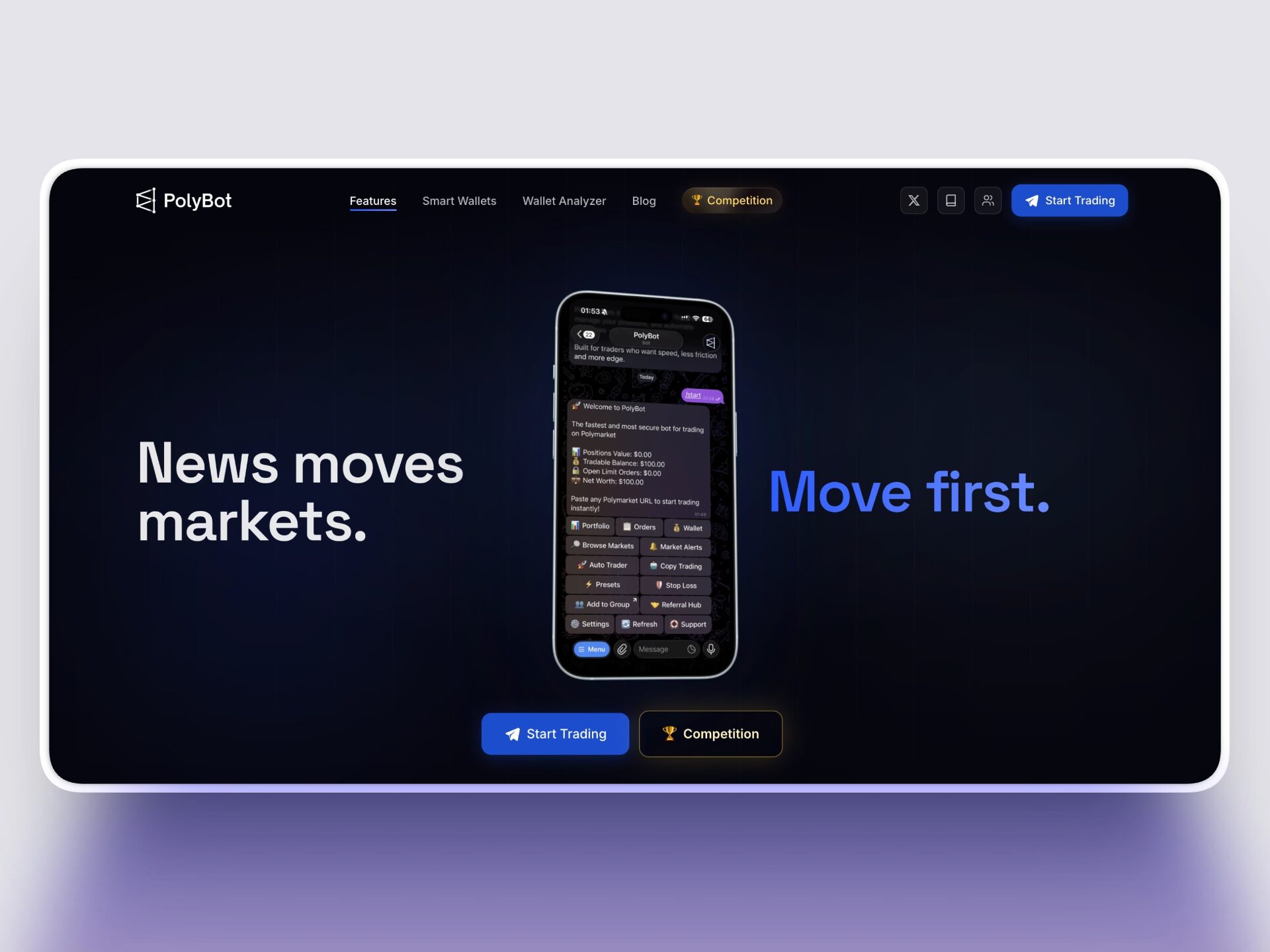 PolyBot Telegram bot showing a Polymarket market card after pasting a link