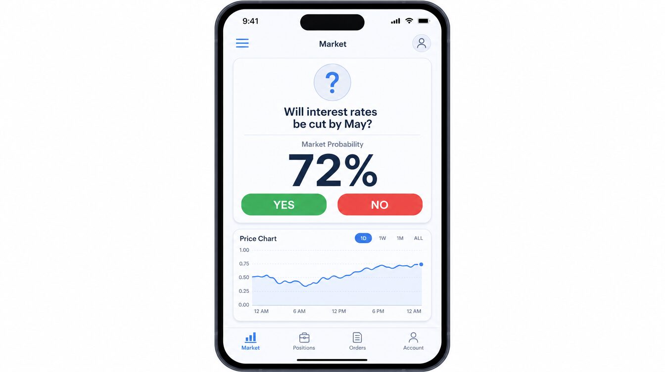 A contract priced at 72 percent with yes and no trade buttons, illustrating price as probability