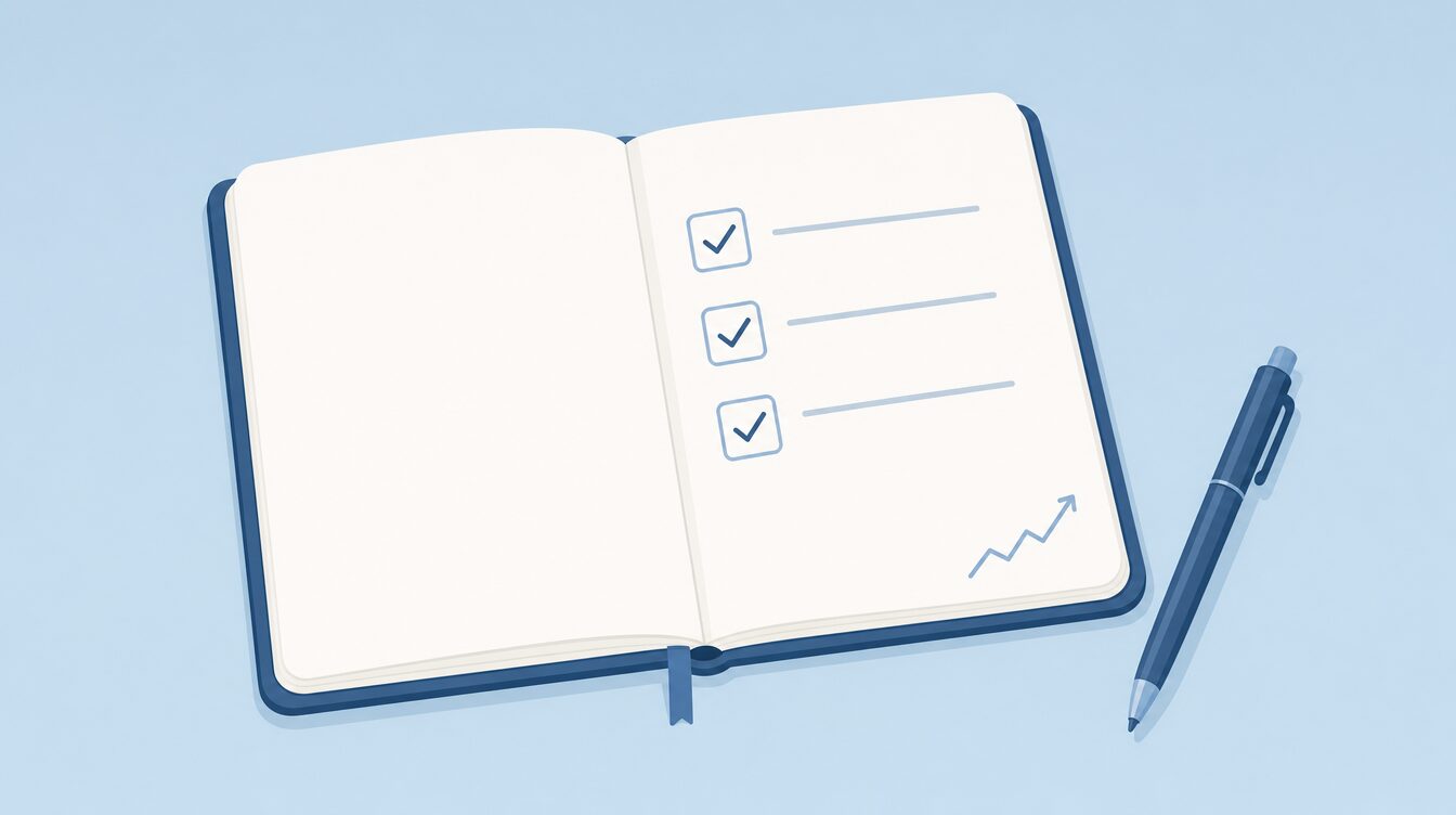 An open trading journal with a checklist and pen, representing the discipline Level 4 builds