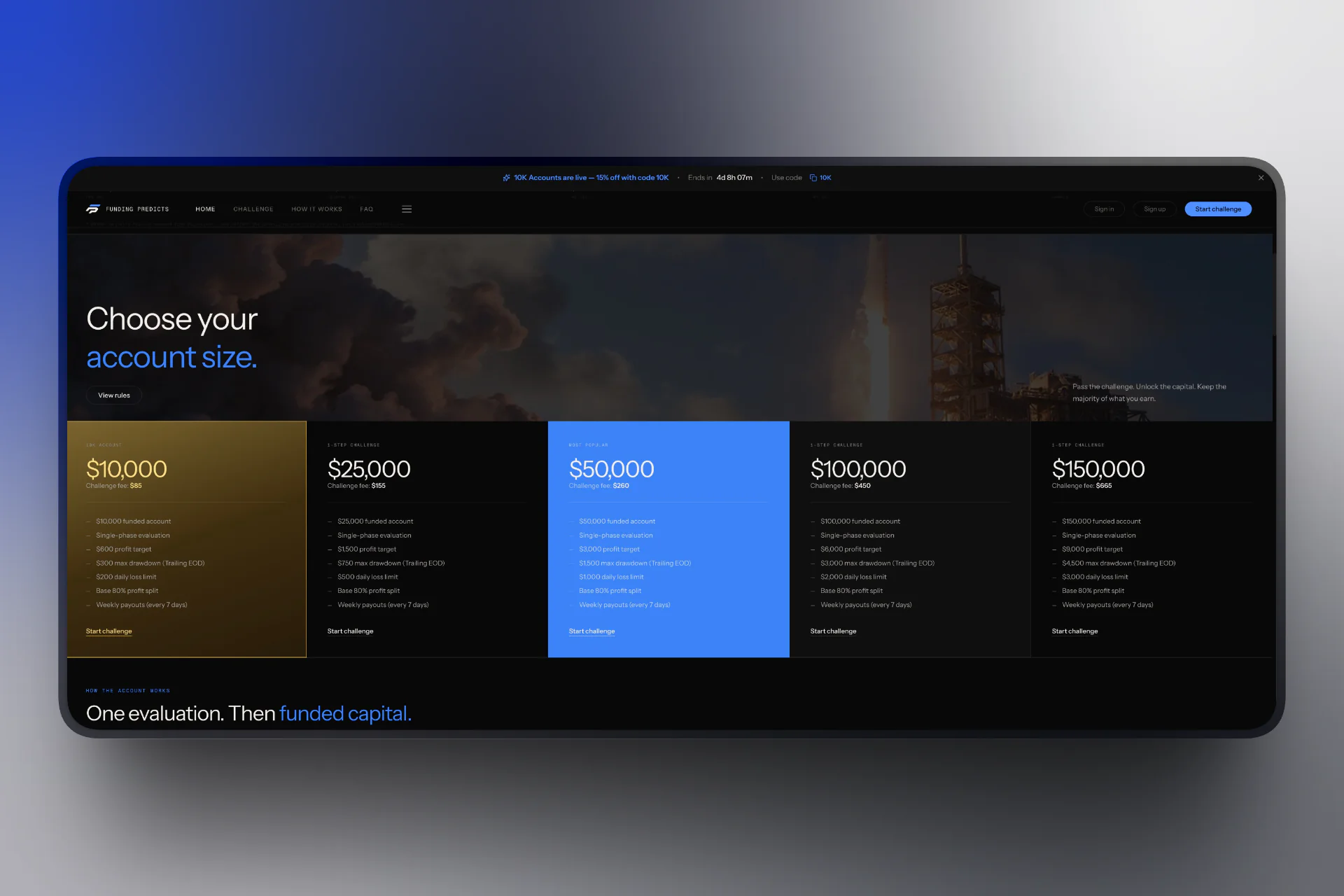 Funding Predicts challenge account pricing tiers screenshot
