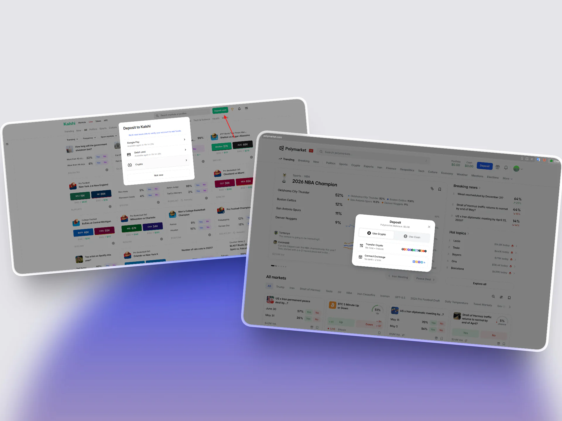 Kalshi mobile app deposit screen with debit card and ACH options` / `Polymarket wallet funding screen requiring USDC on Polygon